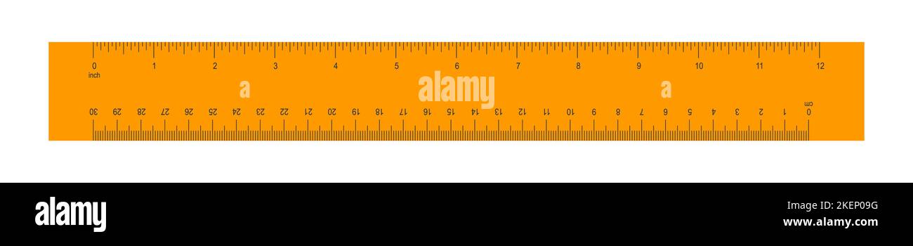 Règle orange en bois ou en plastique avec échelle de 12 pouces et 30 centimètres. Outil mathématique de mesure de distance, de hauteur ou de longueur. Tableau de mesure horizontale avec marquage et chiffres. Illustration vectorielle plate Illustration de Vecteur