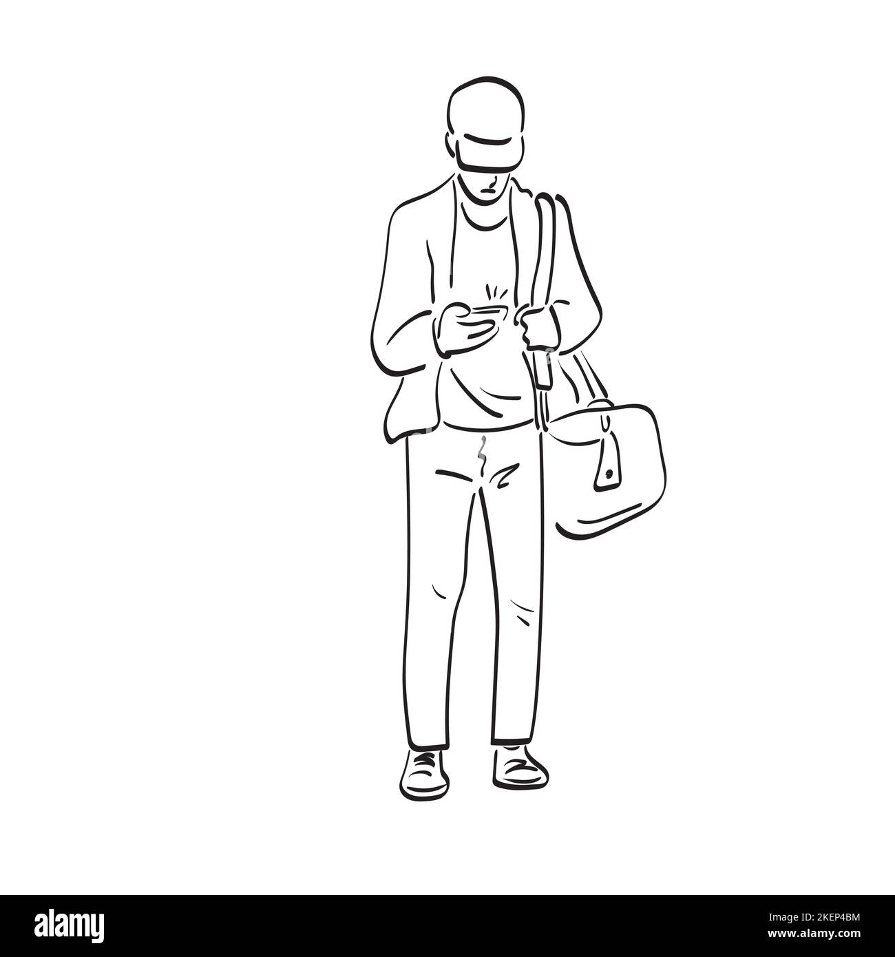homme en casquette utilisant un smartphone avec son sac illustration vecteur main dessiné isolé sur fond blanc art de ligne Illustration de Vecteur