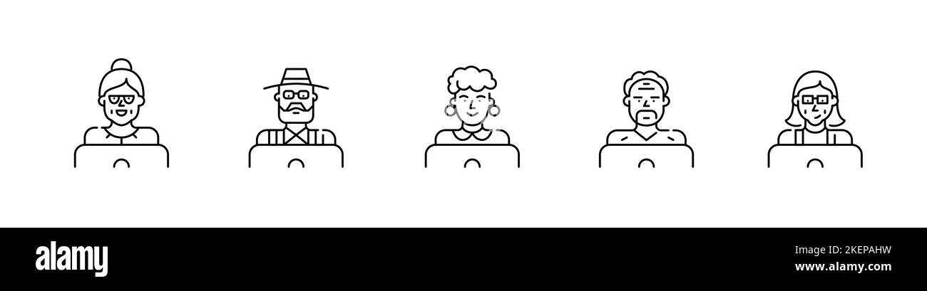 Utilisateurs expérimentés d'ordinateurs et d'Internet. Grand-mère et grand-père sur les ordinateurs portables. Icônes de ligne de contour pixel Perfect, modifiables Illustration de Vecteur