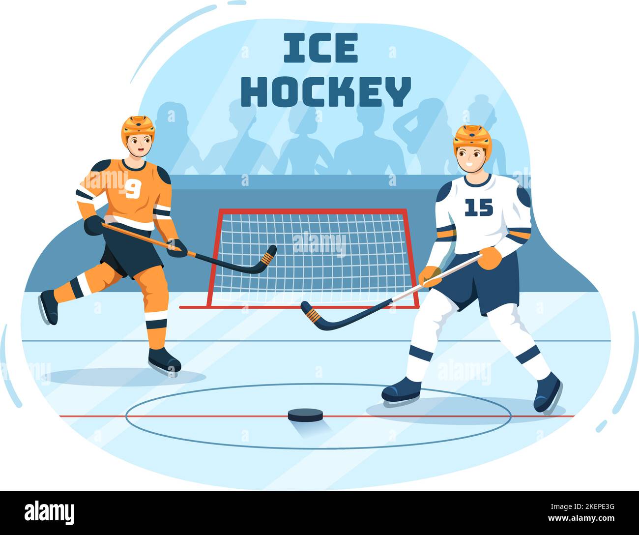 Joueur de hockey sur glace Sport avec Helmet, Stick, Puck et patins à la surface de glace pour le jeu ou le championnat en dessin à la main de dessin à plat de dessin à la main Illustration Illustration de Vecteur