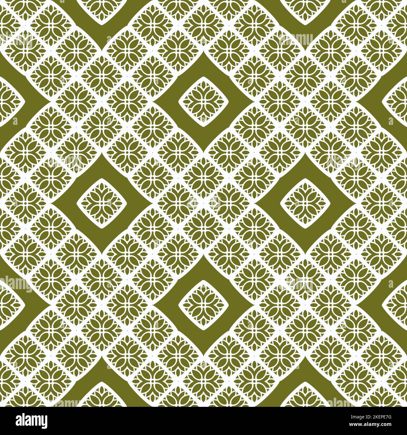 Motif géométrique sans couture avec fleurs abstraites, carrés, grille. Texture simple en vert et blanc. Origine ethnique tribale. Banque D'Images