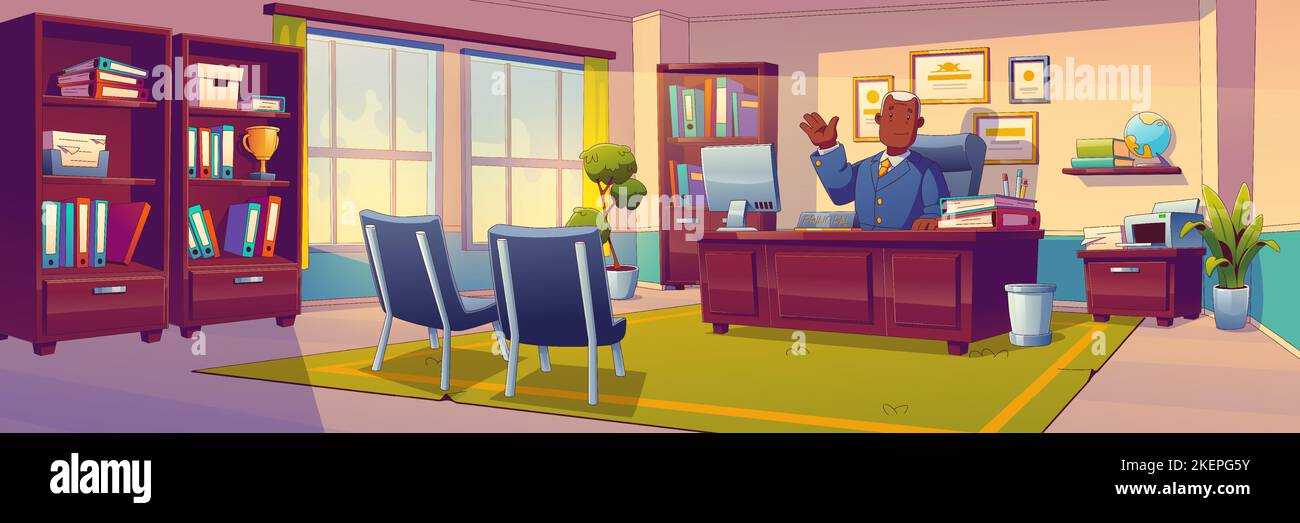 Directeur d'école dans le cabinet, homme noir mature assis à une table dans son bureau avec des bibliothèques, un ordinateur, des chaises pour les visiteurs et des certificats sur le mur. Directeur de l'université, illustration vectorielle de dessin animé Illustration de Vecteur