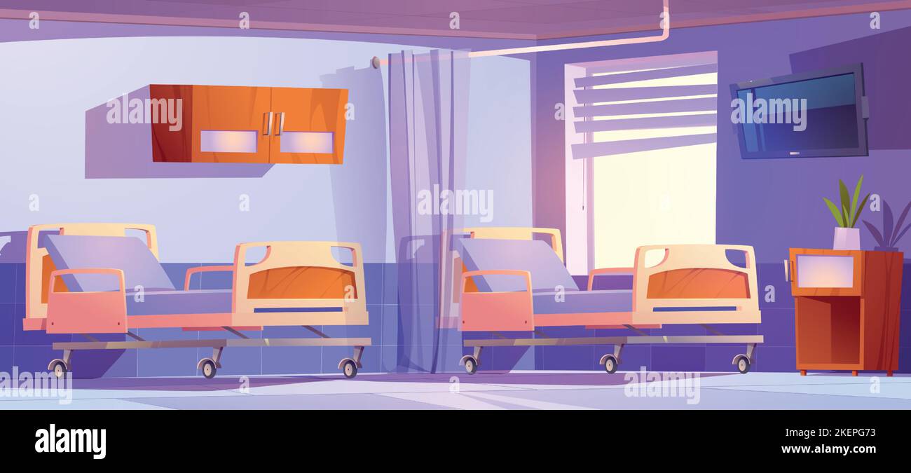 Chambre d'hôpital avec lits médicaux modernes séparés par des rideaux. Chambre avec canapés sur roues, clinique avec place confortable pour dormir pour les patients et traitement thérapeutique, illustration vectorielle Illustration de Vecteur