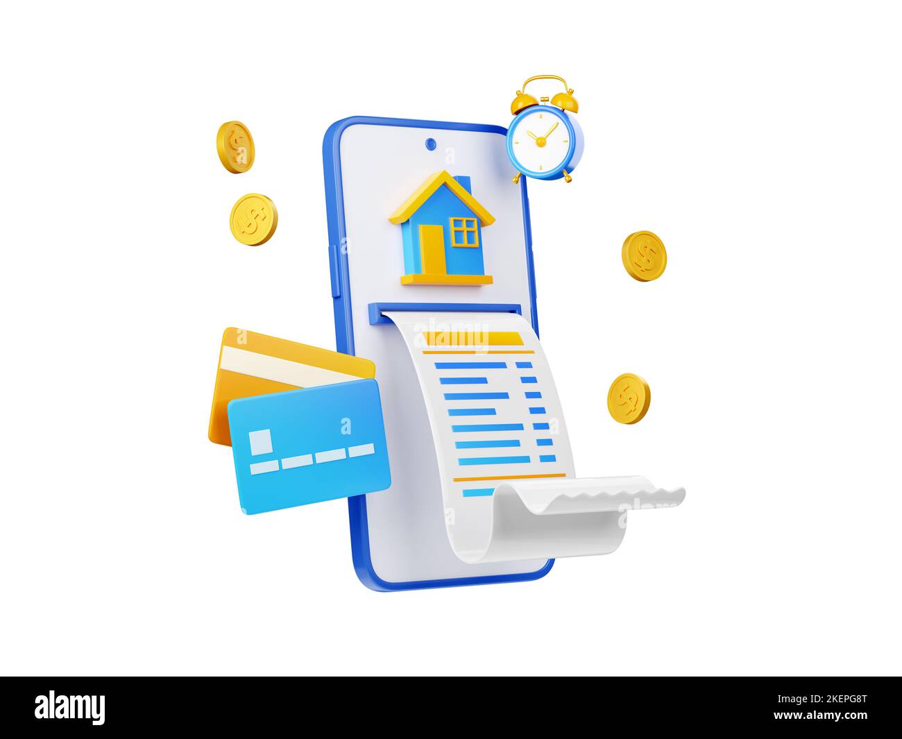 3d effectuer le paiement des factures de la maison, la facture en ligne, le reçu de transaction numérique. Concept avec immobilier, smartphone, cartes bancaires, réveil et pièces de monnaie, Illustration en plastique de dessin animé Banque D'Images