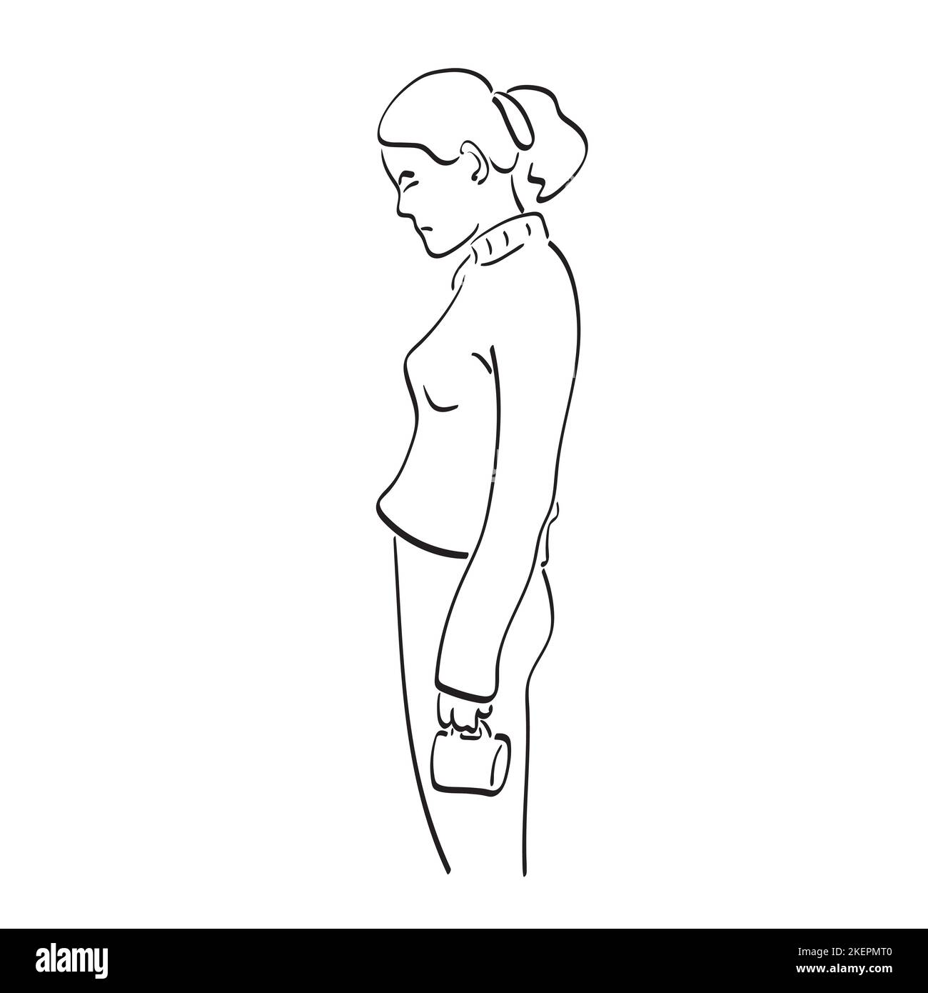 line art triste femme tenant tasse café illustration vecteur main dessiné isolé sur fond blanc Illustration de Vecteur