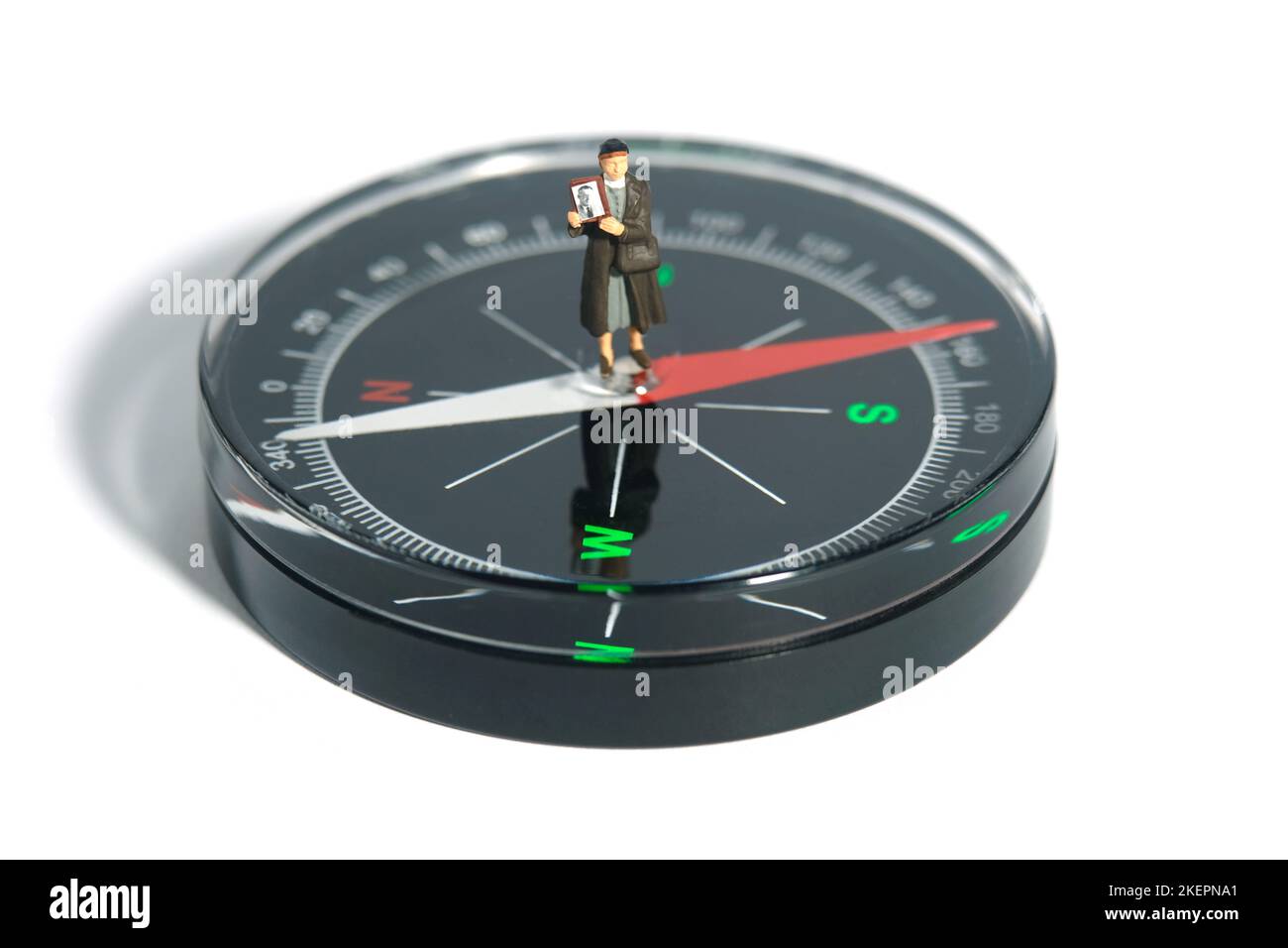 Photographie miniature de personnage de jouet de personnes. Une femme tenant un cadre photo debout au-dessus de la boussole, recherchant la personne manquante, isolée sur fond blanc. JE Banque D'Images