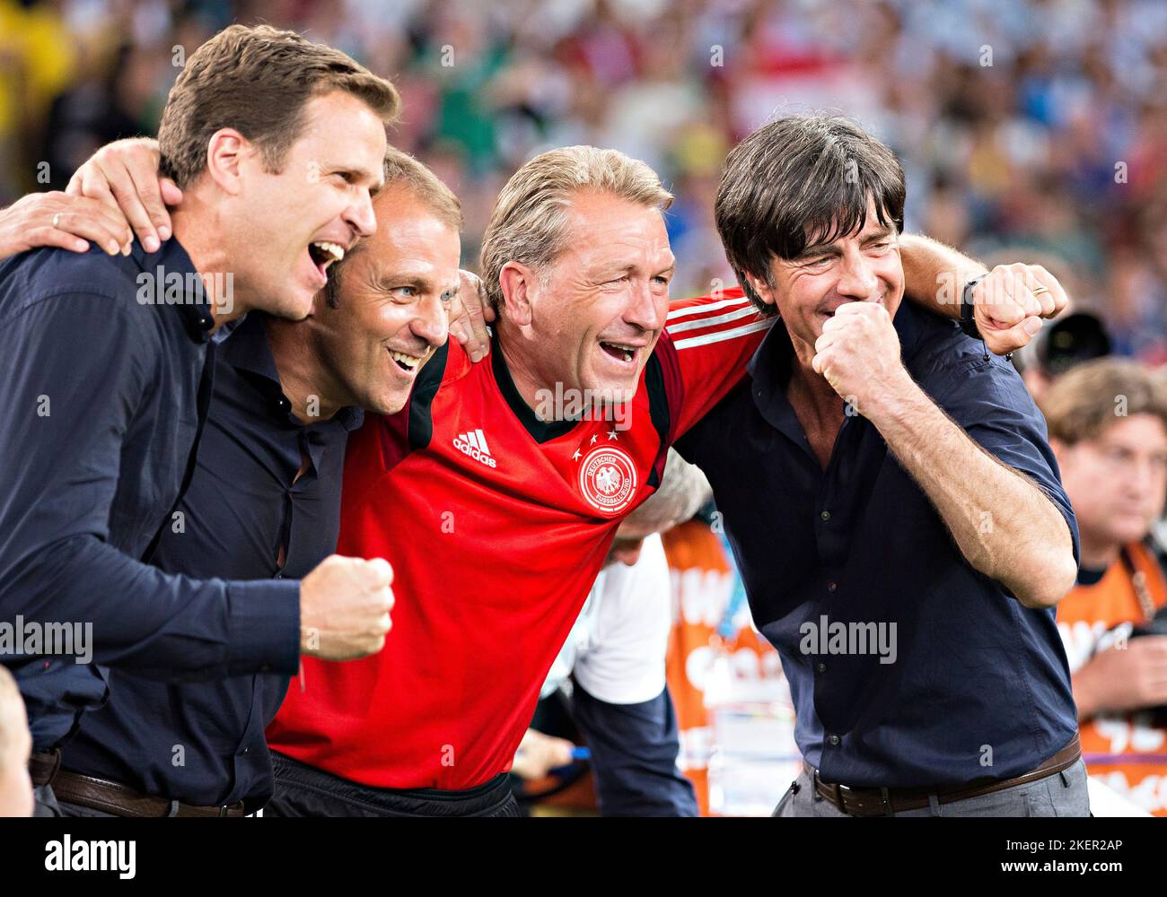 Rio de Janeiro, 13.07.2014, Estadio do Maracana Schlussjubel: Manager Oliver Bierhoff (Allemagne), Assistant-formateur Hans-Dieter Flick (Allemagne) Banque D'Images