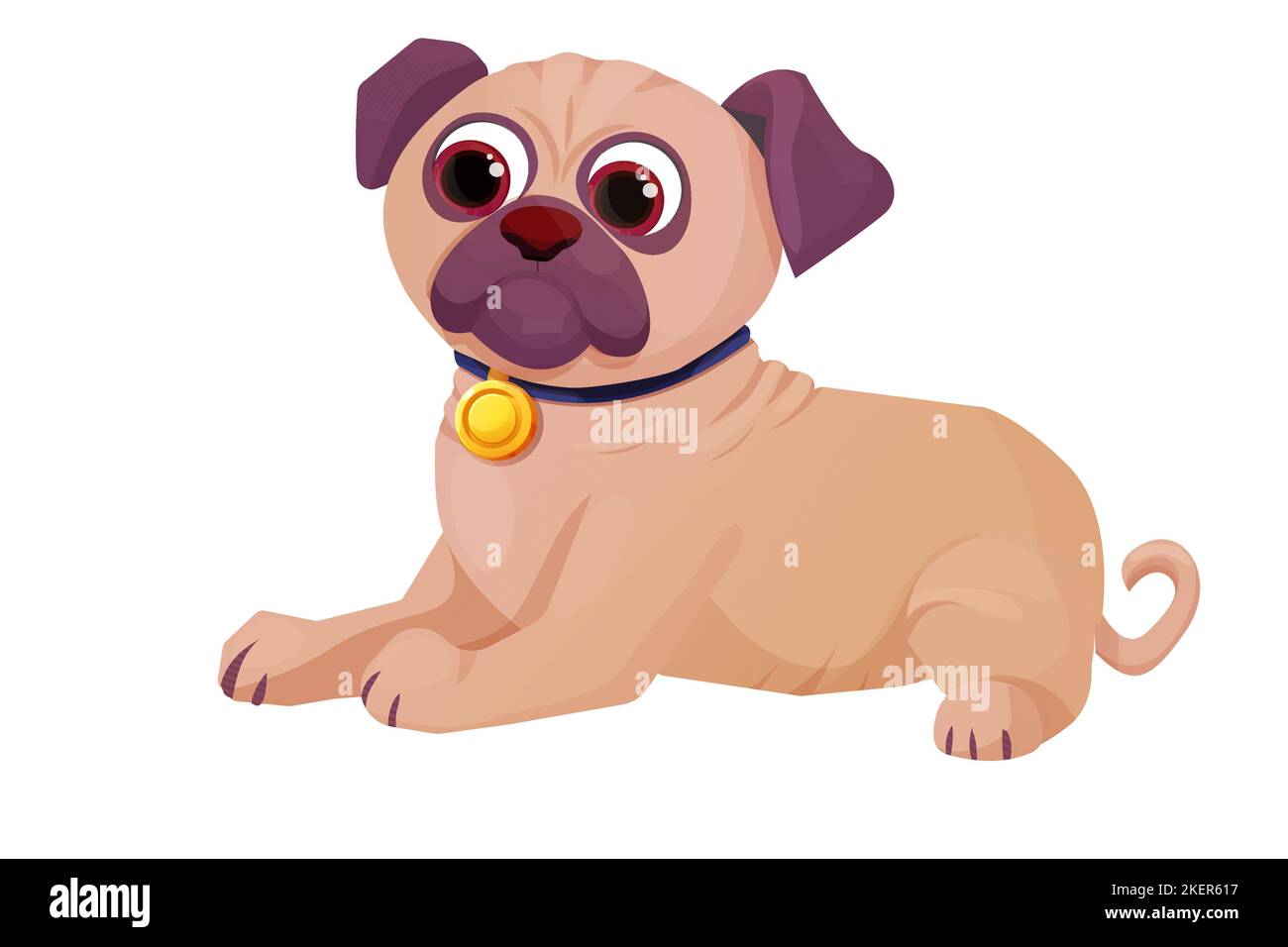 Pug mignon, chien comique chiot avec collier et pièce d'or dans le style de dessin animé isolé sur fond blanc. Illustration vectorielle Illustration de Vecteur