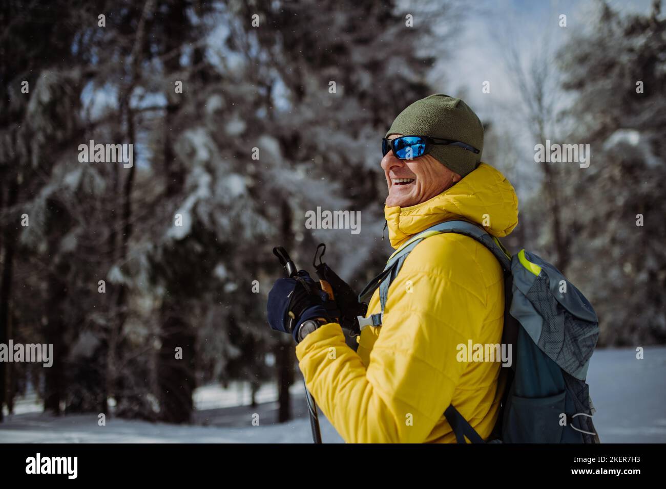 Homme senior admirant la nature pendant le ski de fond. Banque D'Images