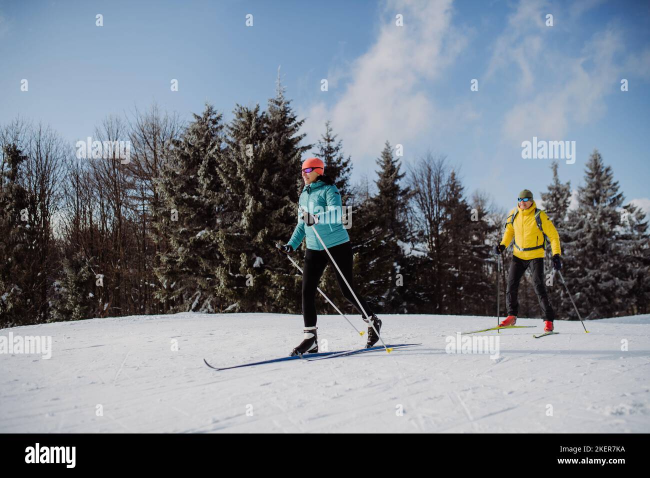 Couple senior ski ensemble au milieu de la forêt. Banque D'Images