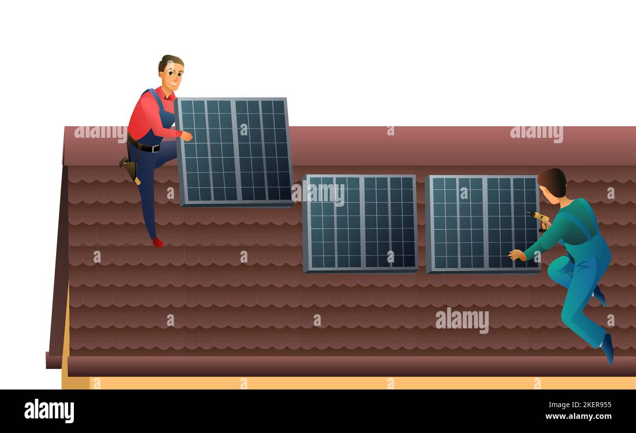 Deux travailleurs installent des panneaux solaires sur le toit. Énergies alternatives. Sources renouvelables d'énergie électrique. Les travailleurs travaillent sur le toit. Illustration de service Isola Illustration de Vecteur