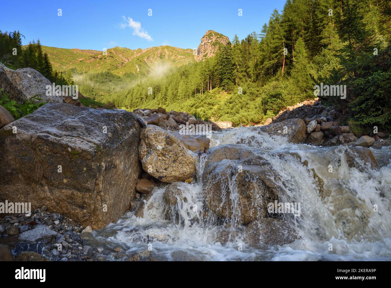 Ruisseau de montagne dans les hautes montagnes. Ruisseau coulant sur les rochers. Lit de rivière puissant dans les Alpes. Banque D'Images