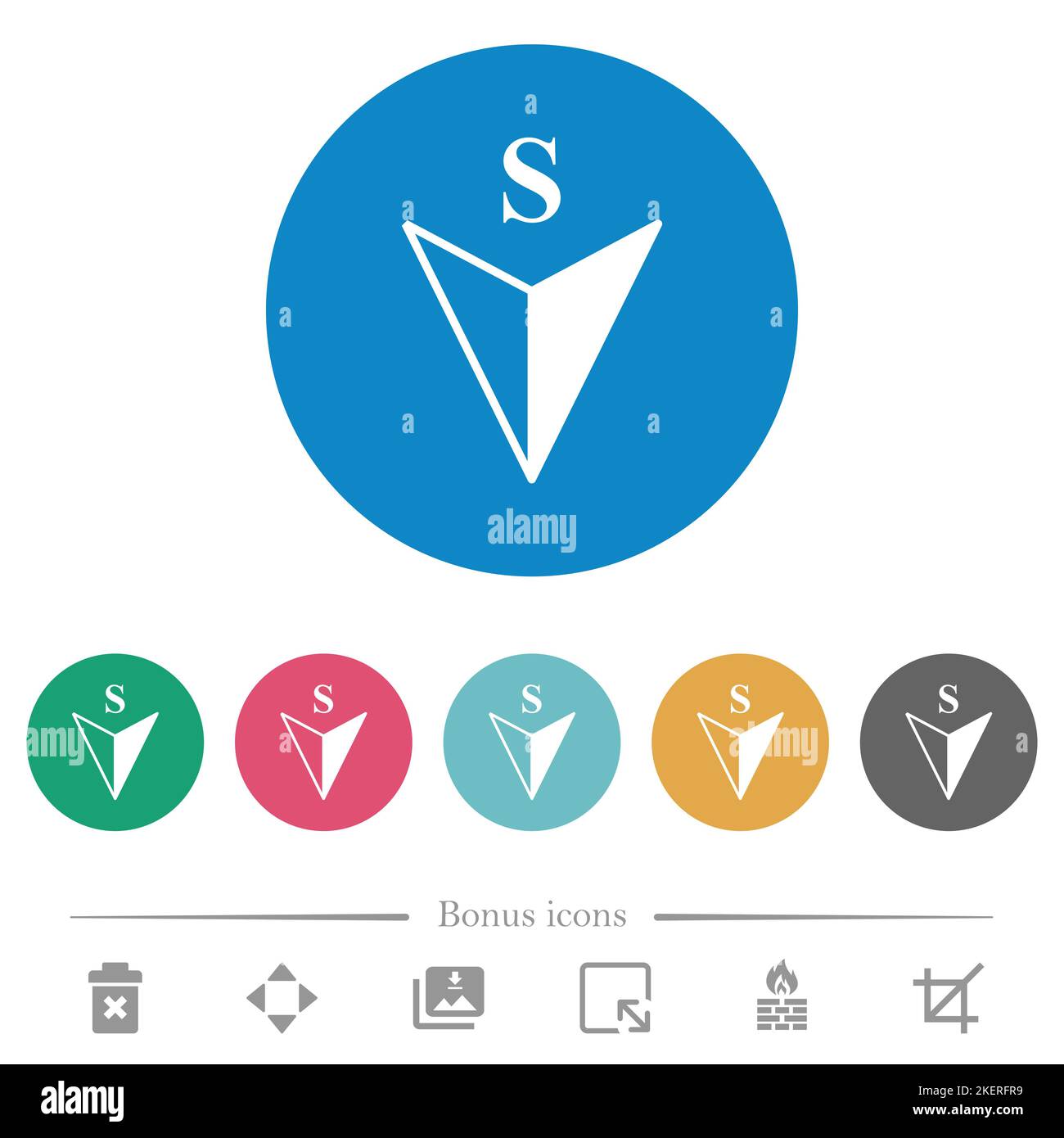 Direction sud de la boussole icônes blanches plates sur fond de couleur ronde. 6 icônes bonus incluses. Illustration de Vecteur