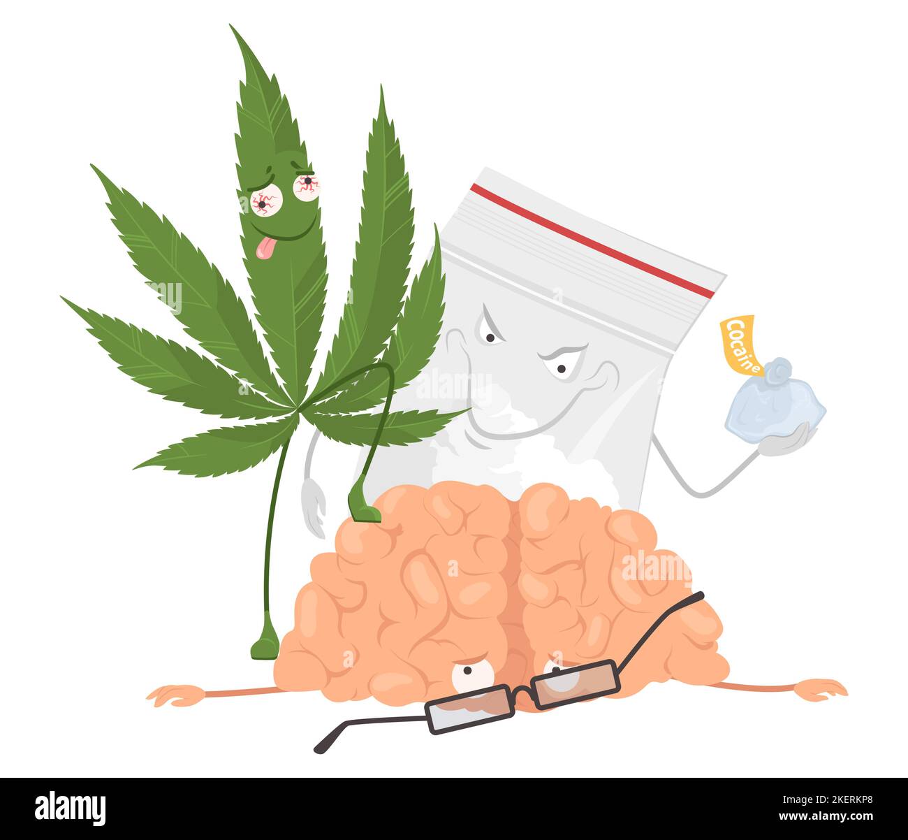 Cannabis cocaïne effet sur le vecteur cérébral humain. Illustration de mauvaises habitudes. Notion : stupéfiants, neurologie et santé des personnes Illustration de Vecteur