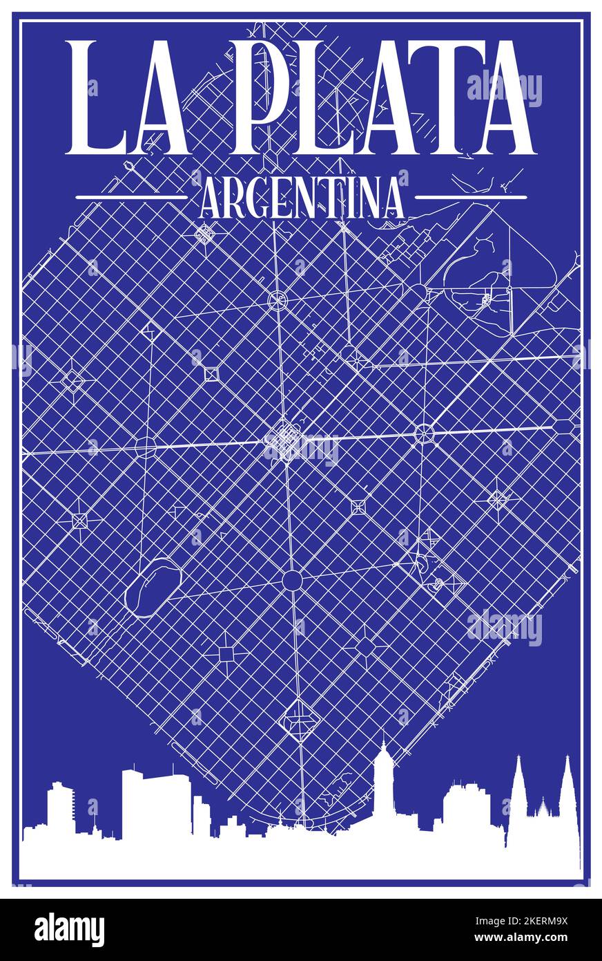 Carte du réseau des rues du centre-ville DE LA PLATA, EN ARGENTINE, imprimée à la main, d'époque bleue, avec des gratte-ciel et des lettres en relief Illustration de Vecteur