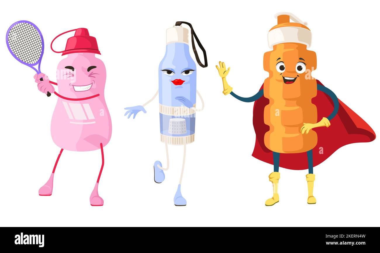 Kit de vecteurs d'émoticônes pour bouteilles d'eau de sport. Illustration du capuchon de l'agitateur du flacon Funny Happy isolée sur fond blanc. Dessin animé Kawaii Energy Food. Sportif Illustration de Vecteur