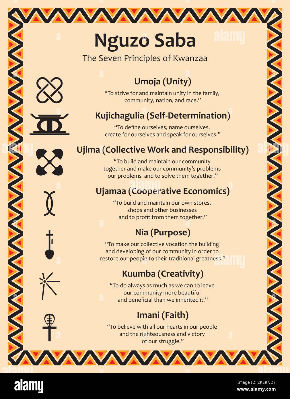 Affiche avec les sept principes de Kwanzaa. Signes, nom de principe en swahili et description Affiche avec les sept principes de Kwanzaa. Signes, nom de principe en swahili et description