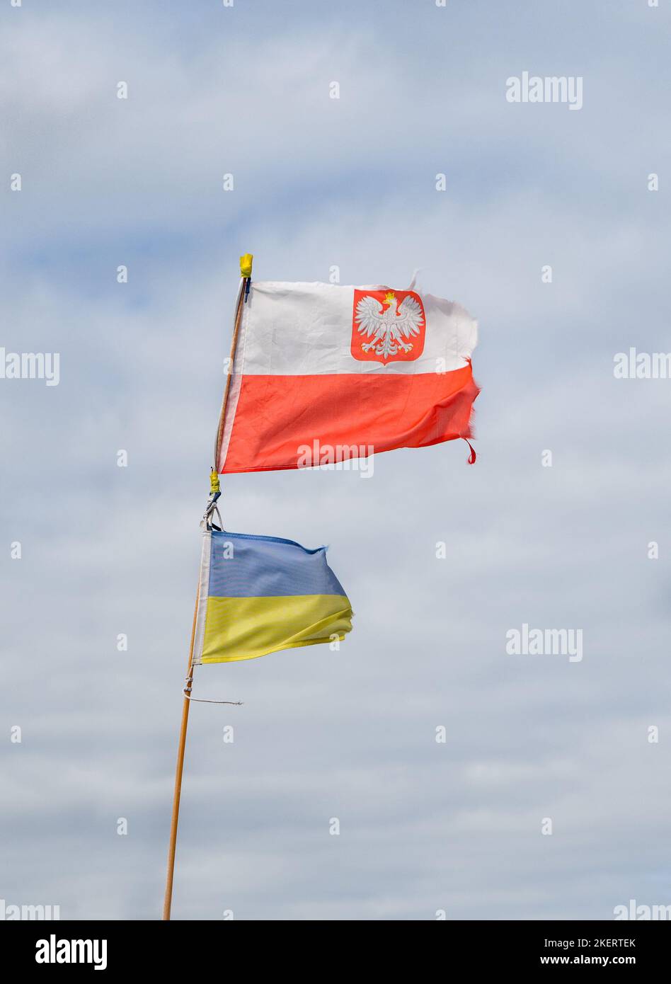 Drapeau national de la Pologne et drapeau de l'Ukraine agitant dans le vent à ciel nuageux Banque D'Images