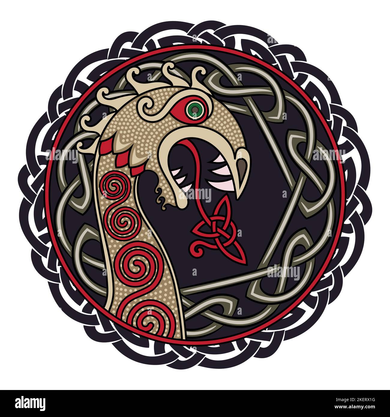 Design scandinave. Le personnage nasal du bateau viking Drakkar sous forme de dragon, et le motif scandinave torsadé Illustration de Vecteur