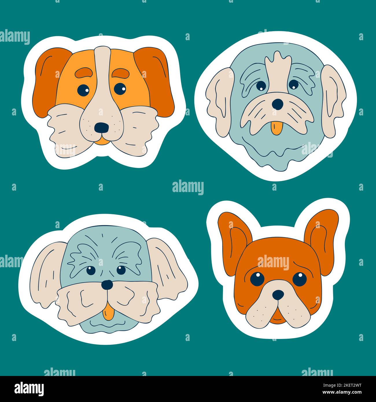 Ensemble d'autocollants Muzzle pour chiens mignons. Doodle couleur visages amusants pour chiots. Têtes de chien. Différentes races de chiens populaires. Illustration vectorielle pour portrait canin plat pour env Illustration de Vecteur