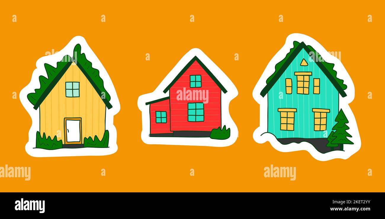 Islandia mignon rustique maisons ensemble d'autocollants. Maison nordique rouge vif bleu jaune avec toit en herbe. Bâtiments ruraux typiques de norvège. Façades nordiques en panneaux sandwich. Illustration vectorielle pour la carte Illustration de Vecteur