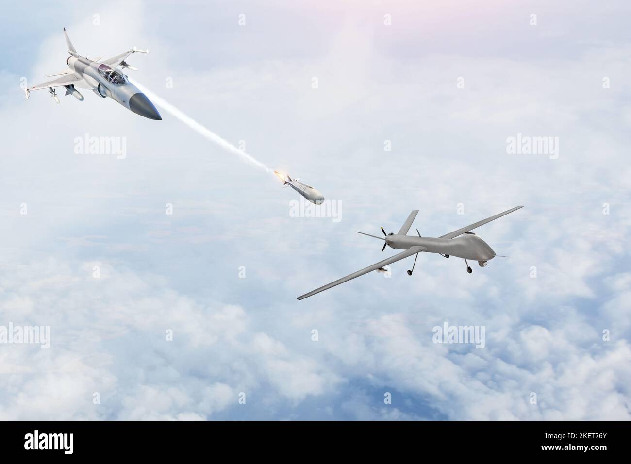 Un chasseur de combat lance des missiles sur une cible - un drone militaire sans pilote uav. Conflit, guerre. Forces aérospatiales Banque D'Images