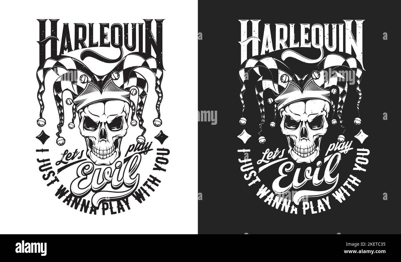 Imprimé tête de mort harlequin en colère. Vêtements, vêtements ou t-shirt Halloween imprimé vectoriel personnalisé avec squelette de méchant guéri, joker effrayant ou crâne de clown mort en chapeau de fou, typographie rétro Illustration de Vecteur