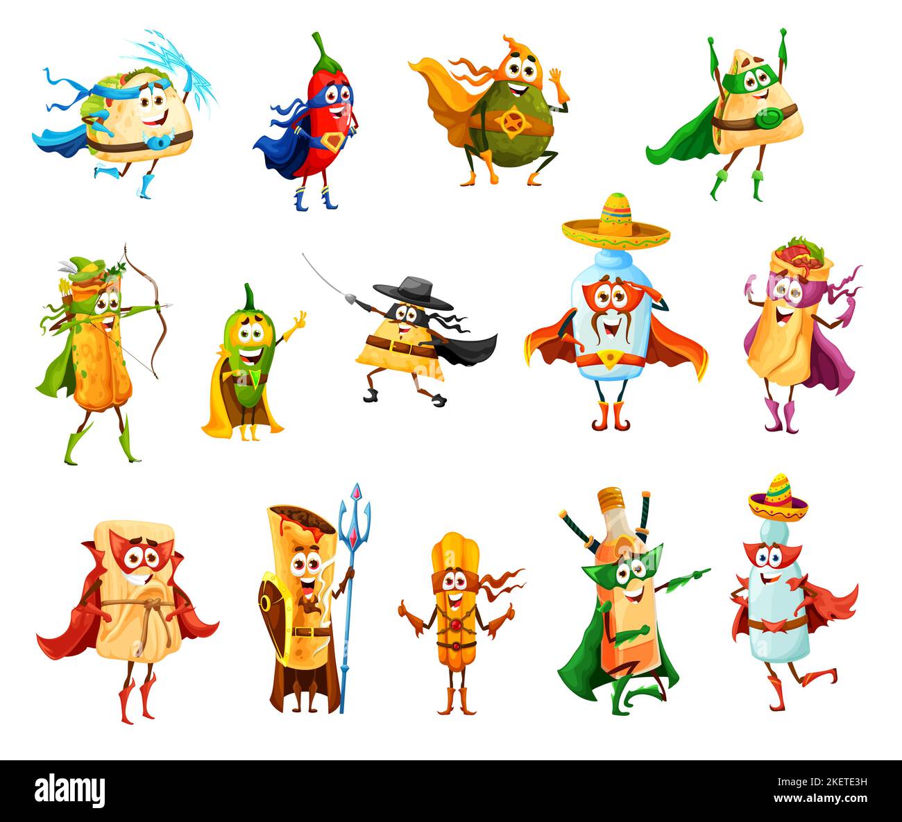 Tex mex mexican Food superhéros et personnages défenseurs. Tacos vectoriels isolés, burrito, piment et nachos, enchiladas, jalapeno, tamale et chimichanga avec tequila, churros, mezcal et pulque Illustration de Vecteur