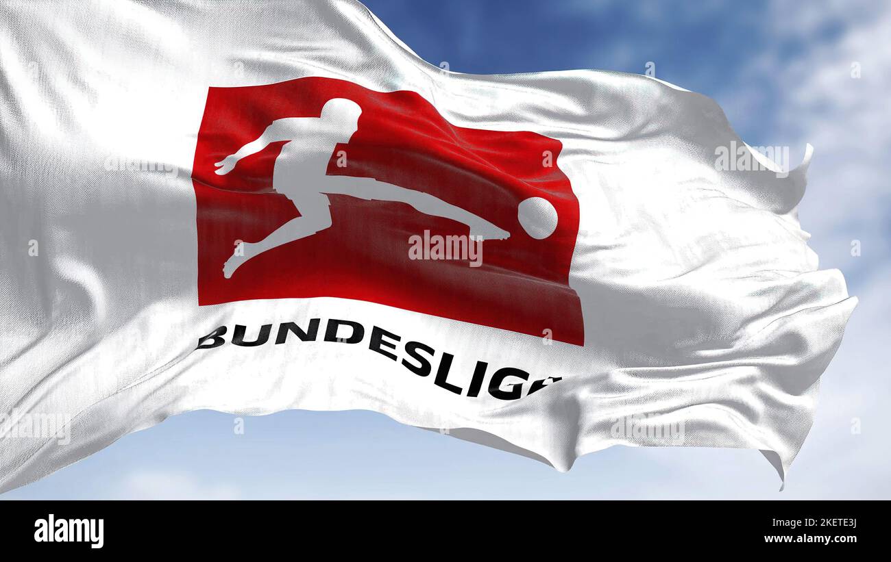 Munich, DE, novembre 2022: Gros plan du drapeau de la Bundesliga agitant dans le vent. Bundesliga est une association professionnelle de football en Allemagne. Ilustr Banque D'Images