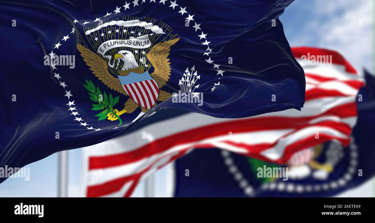 Le drapeau du Président des États-Unis agitant avec le drapeau national des États-Unis. 3d illustration Banque D'Images