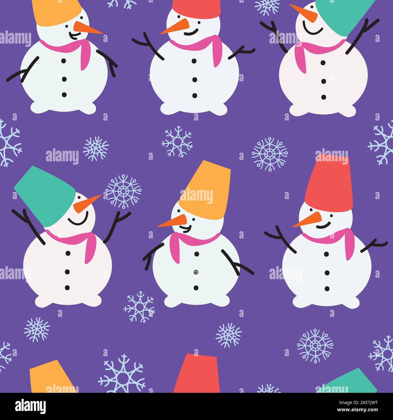 Bonhommes de neige sur une rangée et flocons de neige sur fond violet. Motif de Noël sans coutures. Illustration de Vecteur