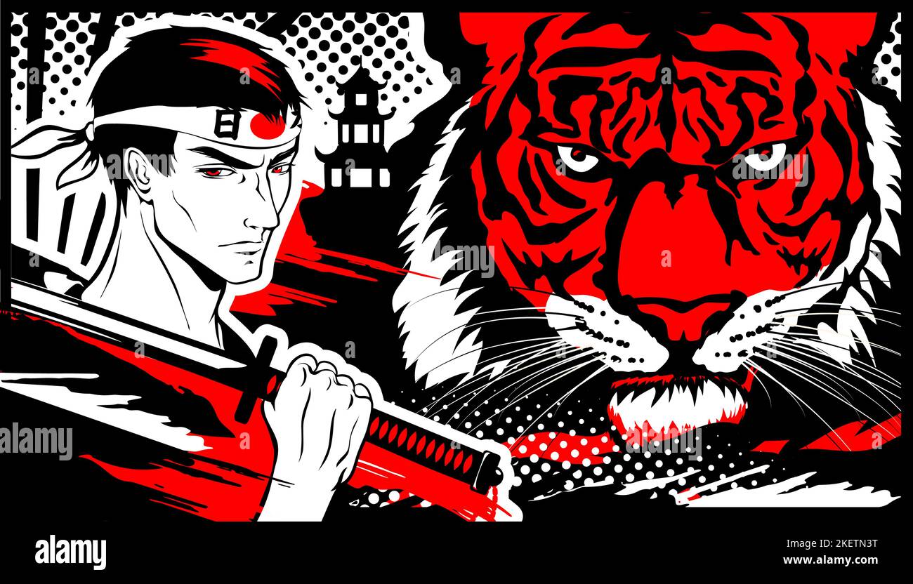 Samouraï homme et tigre dans le style manga et anime. Illustration de Vecteur