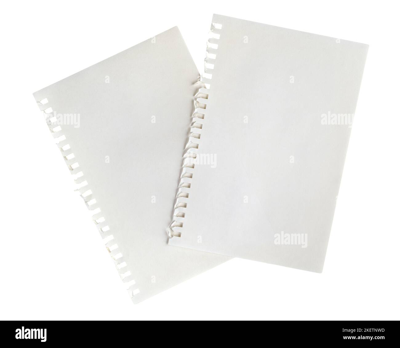 deux feuilles de papier vierges avec perforation latérale sur une surface transparente Banque D'Images