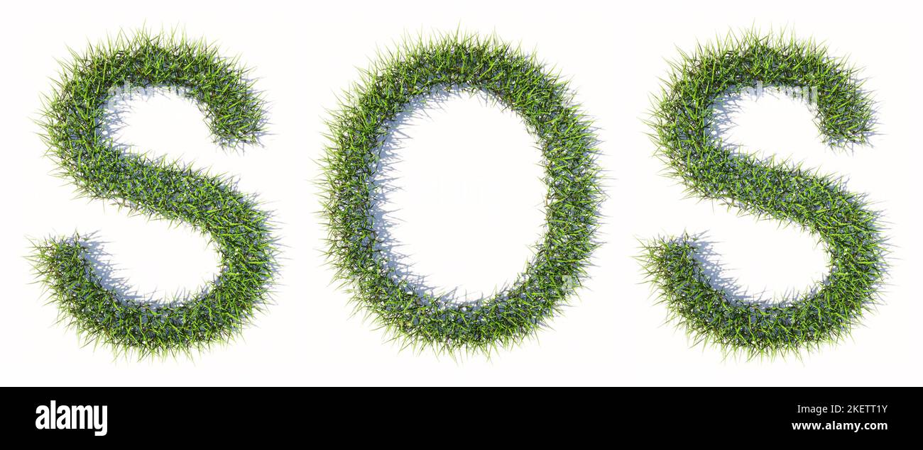 Concept ou herbe verte conceptuelle formant le mot SOS isolé sur fond blanc. 3d métaphore de l'illustration pour la pollution, le changement climatique Banque D'Images