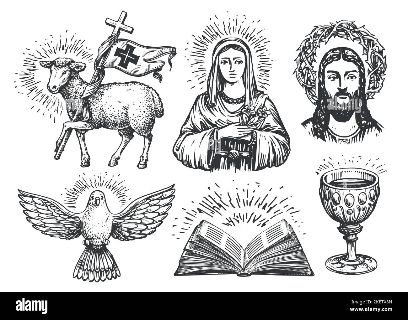 Saint Graal, Jésus avec la couronne des épines, la Sainte Bible ouverte, la Vierge Marie, le messager céleste de Dove, le catholicisme du symbole du mouton Illustration de Vecteur
