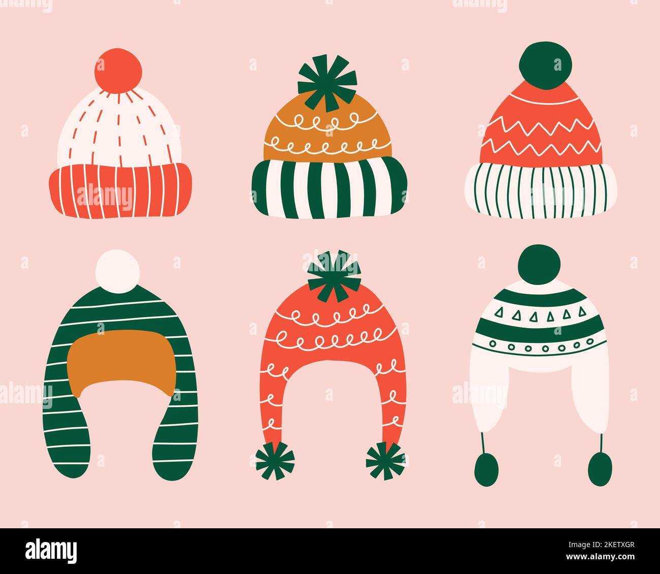 Ensemble de différents chapeaux d'hiver dessinés à la main avec pompons dans un style plat. Illustration vectorielle. Illustration de Vecteur