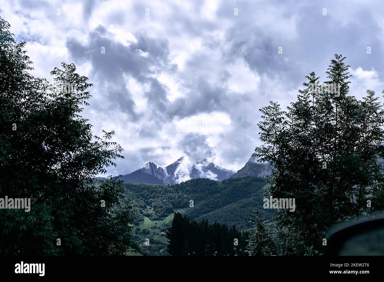 paysage impressionnant de grandes montagnes rocheuses de la vallée verte un jour très nuageux au milieu de la vegatación, ruta del cares asturias, espagne Banque D'Images