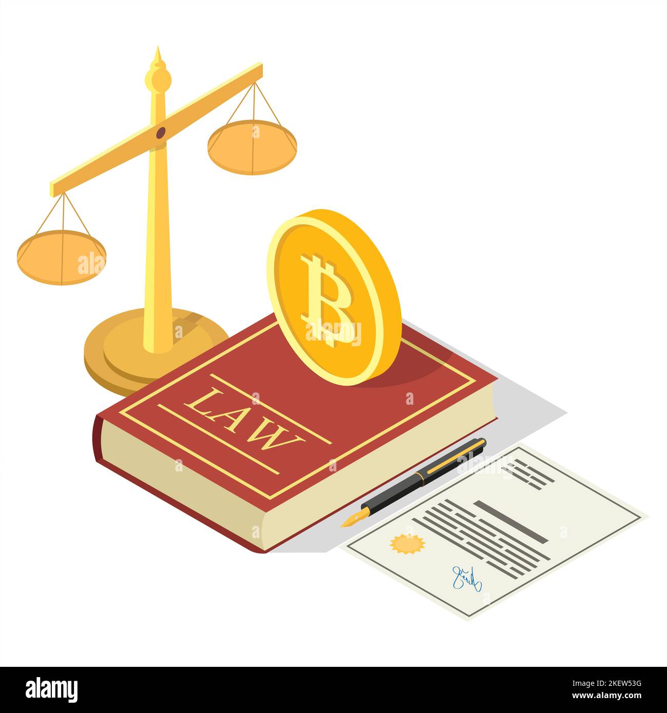 Illustration du concept de vecteur de légalisation de Crypto. Symboles juridiques isométriques Livre de loi avec bitcoin, échelles de justice, document signé. Segment crypto-monnaie Illustration de Vecteur