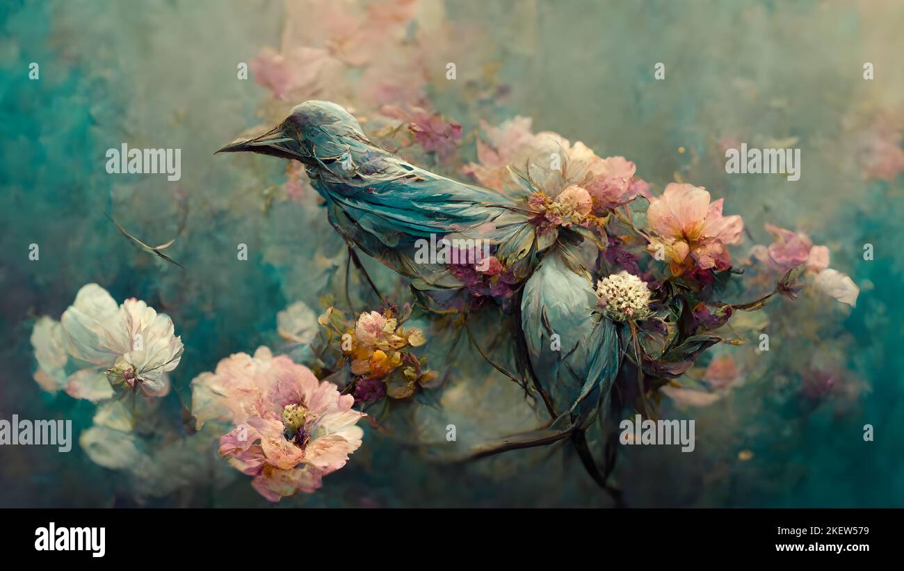 Peinture délicate à l'huile avec un oiseau qui débarque sur les fleurs. Tons pastel. Arrière-plan flou. Banque D'Images