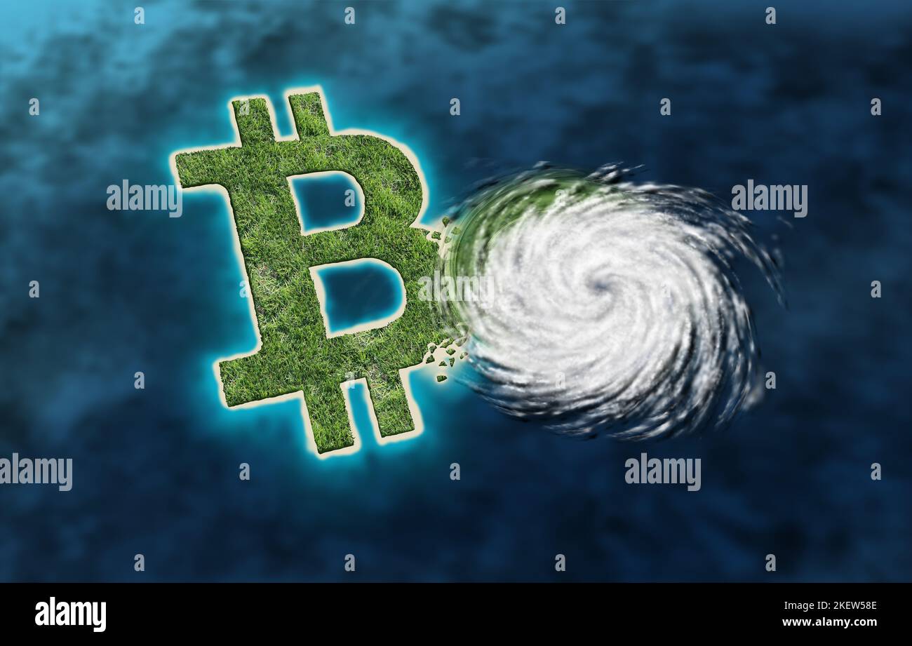 Le désastre financier du Bitcoin et la fonte de l'échange de crypto-monnaies de Coinbase comme une crise des crypto-monnaies et l'effondrement de crypto comme une île tropicale Banque D'Images