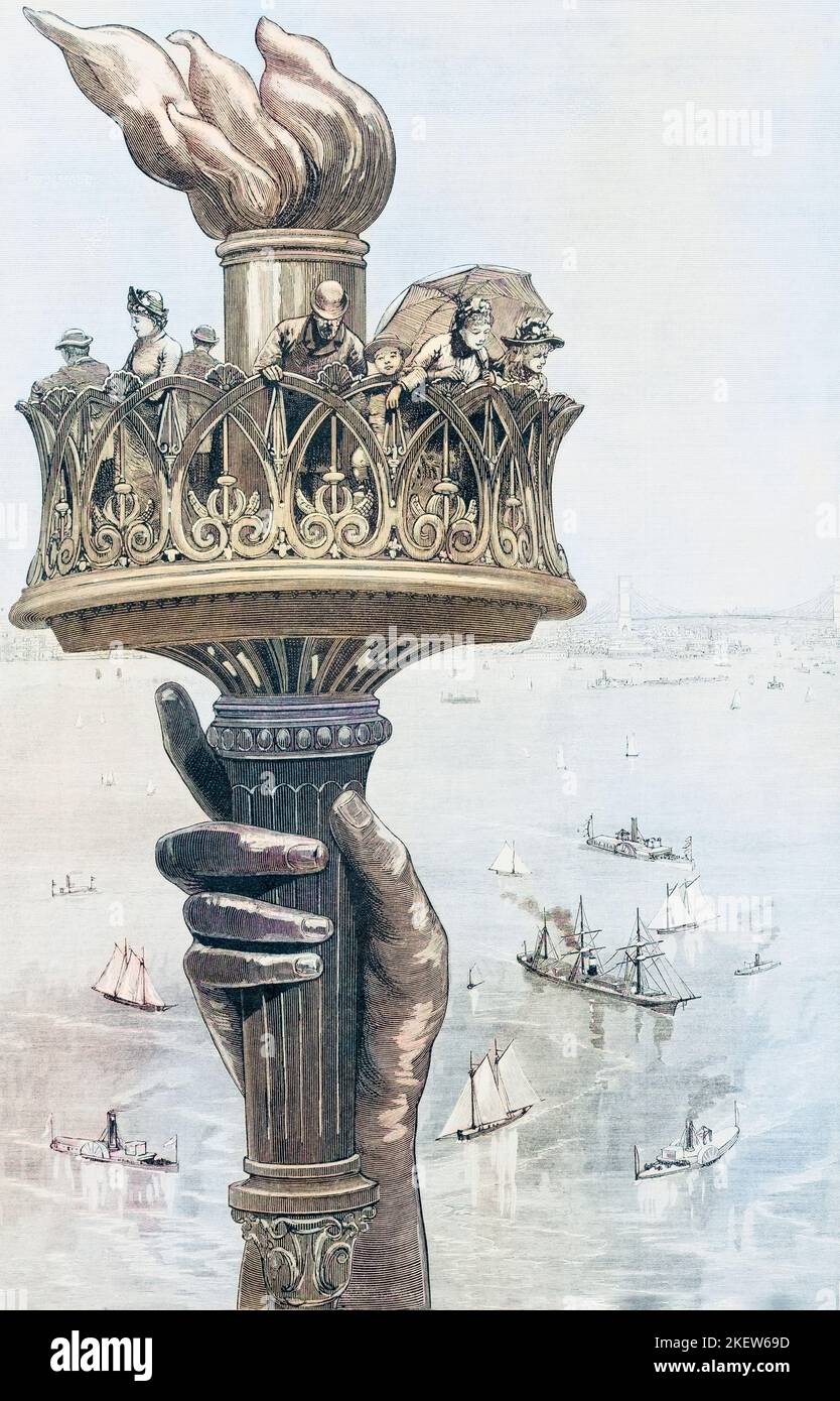 Les artistes ont l'impression que la torche de la Statue de la liberté de New York apparaîtrait une fois terminée. La statue a été dédiée en octobre l'année suivante. Du journal illustré de Frank Leslie, juin 1885. Colorisation ultérieure. Banque D'Images Les artistes ont l'impression que la torche de la Statue de la liberté de New York apparaîtrait une fois terminée. La statue a été dédiée en octobre l'année suivante. Du journal illustré de Frank Leslie, juin 1885. Colorisation ultérieure. Banque D'Images