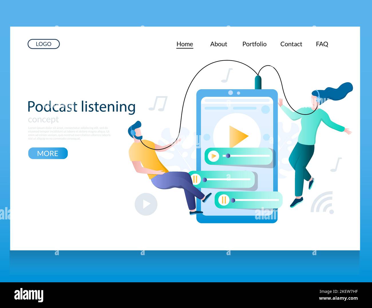 Modèle de site Web de vecteur d'écoute de podcast, page Web et conception de page d'arrivée pour le développement de site Web et de site mobile. Homme et femme dans les écouteurs écouter Illustration de Vecteur