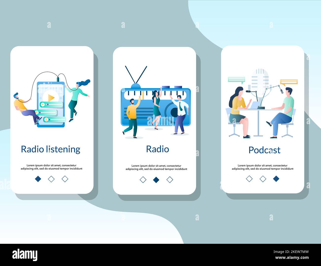Écrans d'intégration de l'application mobile radio en ligne. Modèle de vecteur de bannière de menu pour le développement de sites Web et d'applications. Écoute de la radio, création de podcast conce Illustration de Vecteur