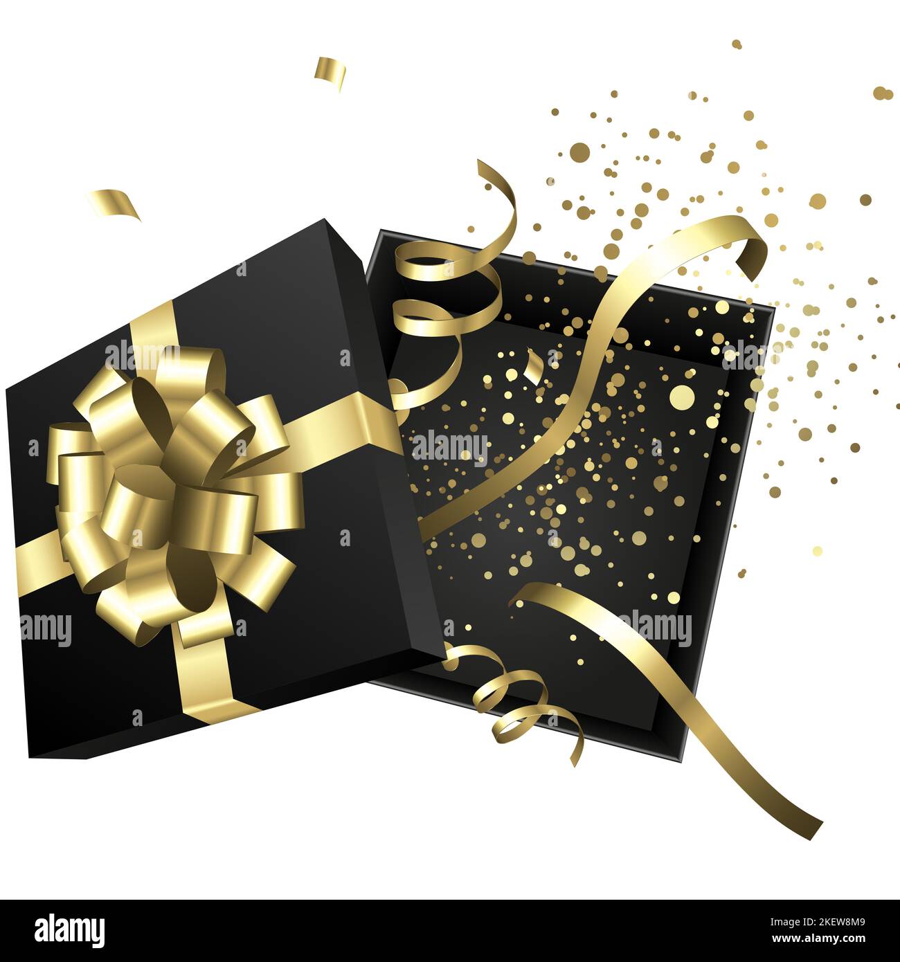 Boîte-cadeau noire ornée d'un noeud doré - motif cadeau de Noël et d'anniversaire Banque D'Images