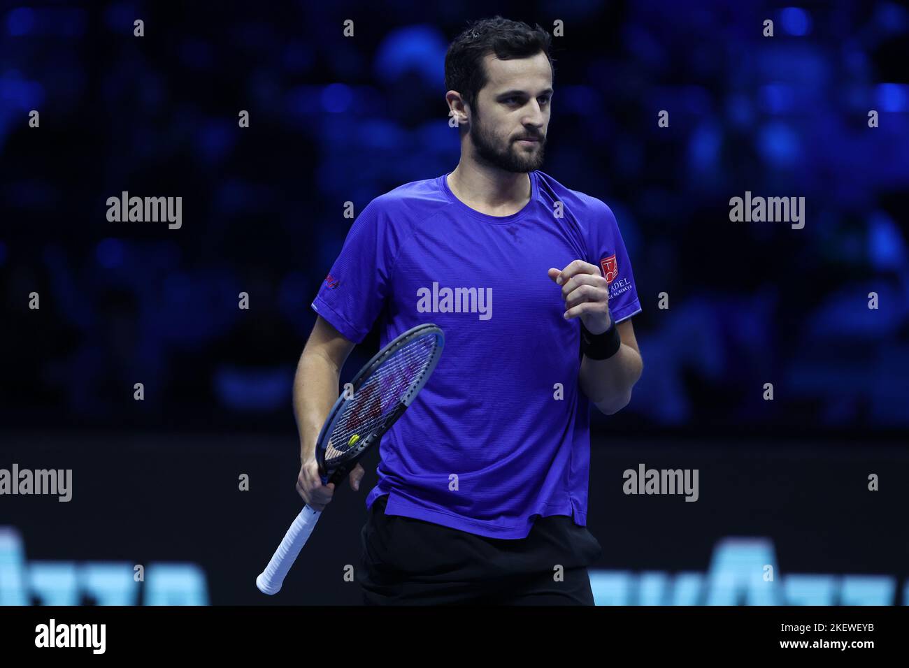 Turin, Italie, 14 novembre 2022, Mate Pavic de Croatie célèbre lors du double match du groupe Round Robin Green entre Nikola Mektic de Croatie et Mate Pavic de Croatie contre Ivan Dodig de Croatie et Austin Krajicek des Etats-Unis le deuxième jour des finales du Tour mondial de Nitto ATP à Pala Alpitour sur 14 novembre, 2022 à Turin, Italie Banque D'Images