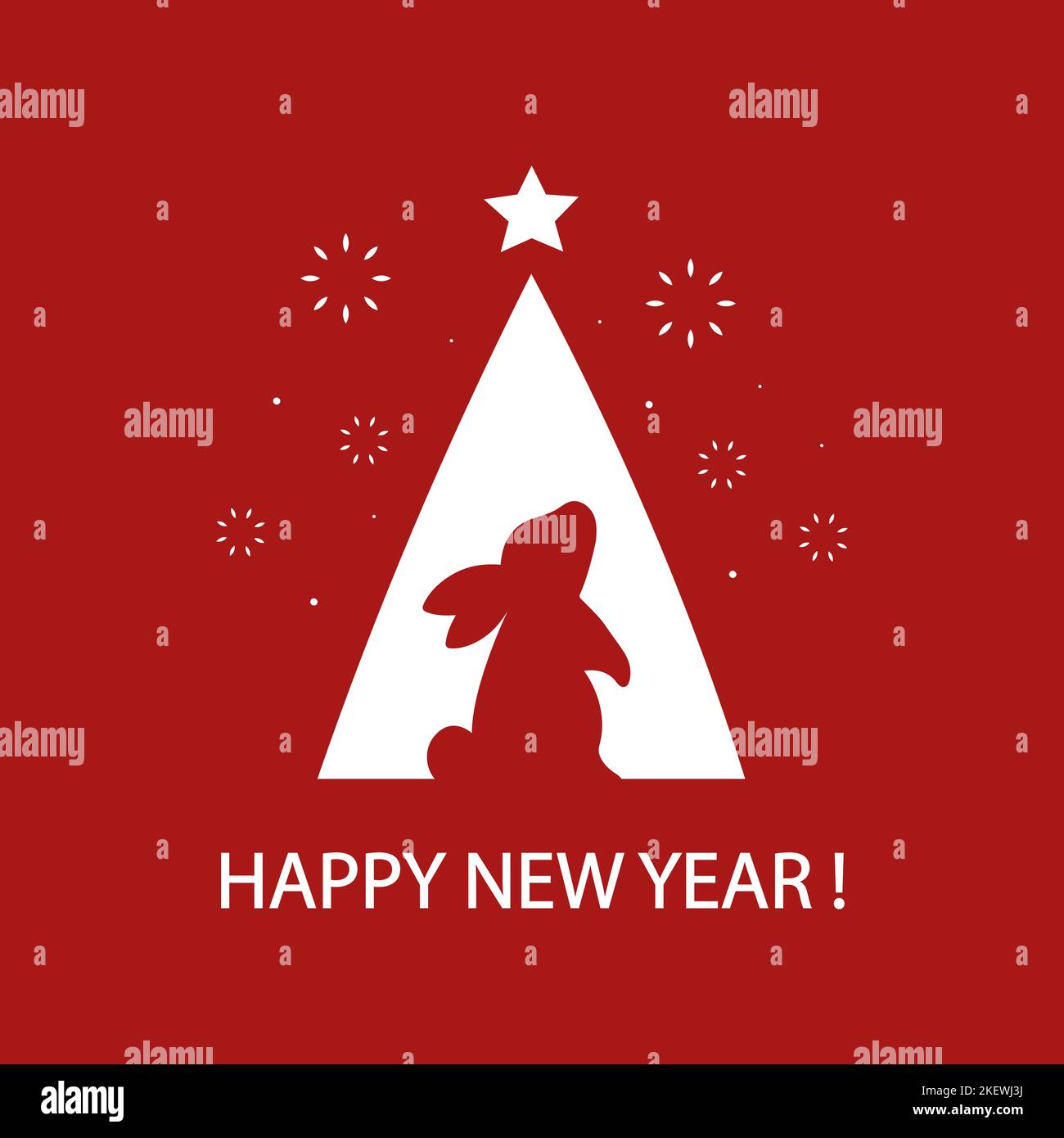 Bonne Année. Carte de vœux avec silhouette de lapin et arbre de noël. Style moderne et minimaliste. Illustration vectorielle plate. Illustration de Vecteur