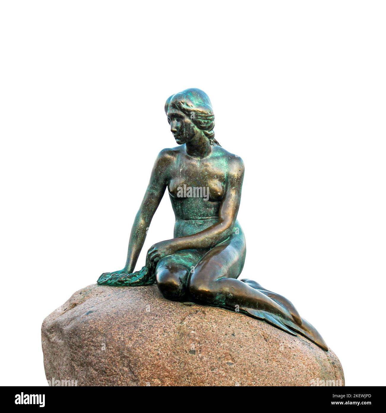 Statue de petite sirène en bronze isolée à Copenhague, vue de face célèbre sculpture découpée Banque D'Images