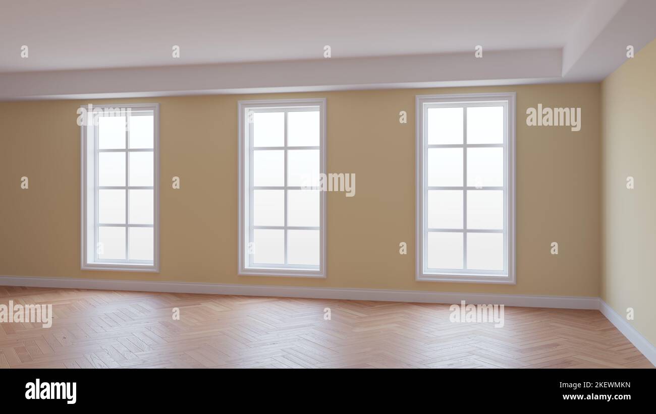 Murs beiges intérieurs, trois grandes fenêtres, parquet brillant à chevrons clair et un plinthes blanc. Magnifique concept non meublé de la chambre. 3D il Banque D'Images