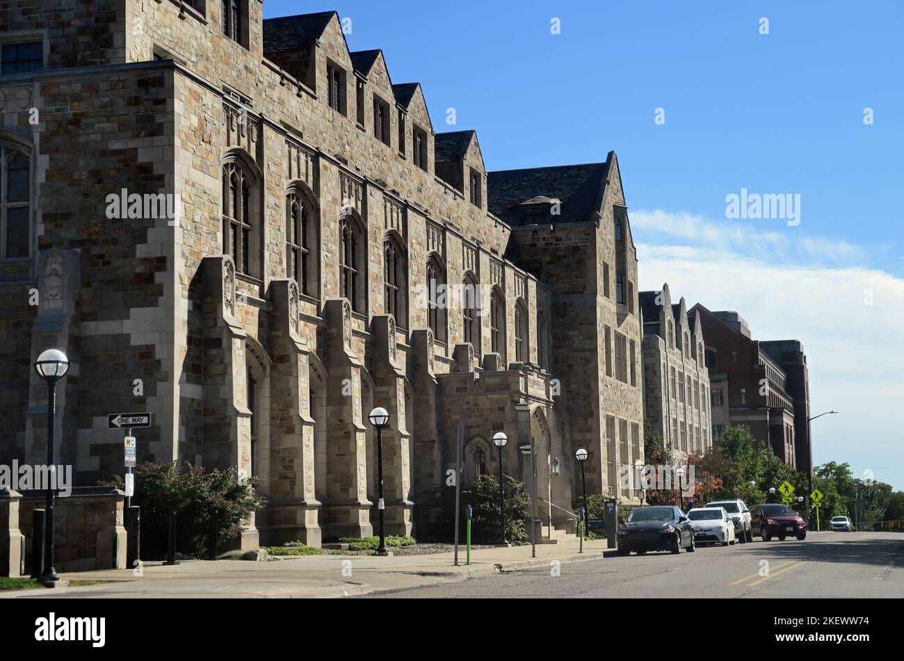 Ann Arbor, Michigan, États-Unis. Les Munger Residences sont à côté du Lawyers Club, qui fait partie de la faculté de droit de l'Université du Michigan Banque D'Images