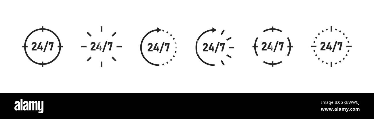 icônes de réglage de l'assistance 24 heures. 24/7 Service ouvert 24h heures sur 24 et 7 jours sur 7. Illustration vectorielle Illustration de Vecteur